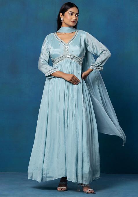 Sea Blue Sequin Mirror And Bead Embellished Anarkali With Dupatta