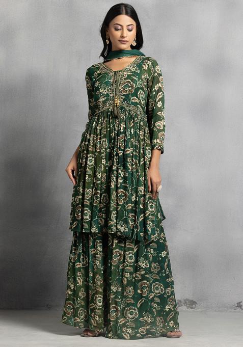 Green Floral Print Sequin Mirror Embellished Kurta Set With Palazzo And Dupatta