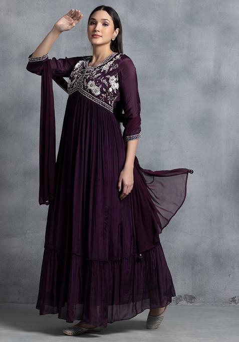 Purple Floral Hand Embroidered Anarkali With Dupatta