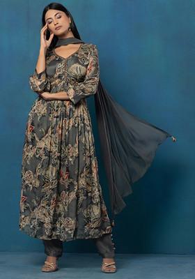 Olive Green Floral Print Mirror Embellished Kurta Set With Pants And Dupatta