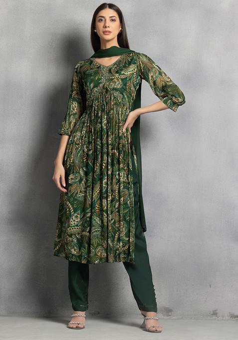 Green Botanical Print Mirror Embellished Kurta Set With Pants And Dupatta