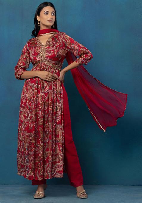Red Floral Print Hand Embellished Kurta Set With Pants And Dupatta 