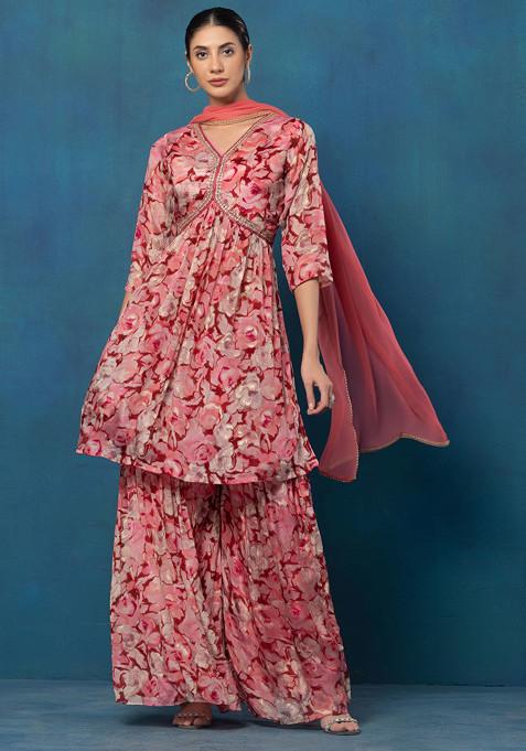 Pink Floral Print Sharara Set With Hand Embellished Kurta And Dupatta