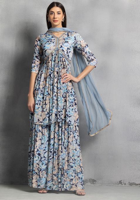 Blue Floral Print Sharara Set With Hand Embellished Kurta And Dupatta