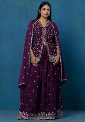 Purple Zari Hand Embroidered Short Kurta Set With Embroidered Sharara And Dupatta