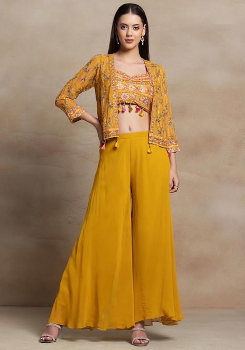 Yellow Sharara Set With Floral Zari Mirror Embroidered Blouse And Jacket