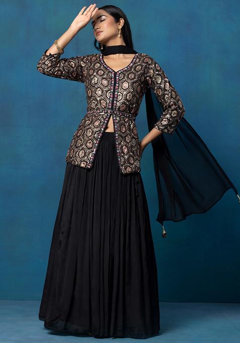 Black Sequin Hand Embellished Short Kurta And Skirt Set With Dupatta And Belt
