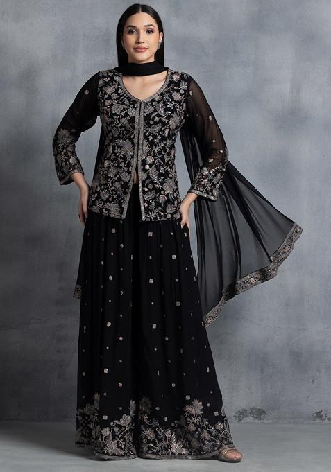 Black Floral Zari Sequin Embellished Short Kurta Set With Pants And Dupatta