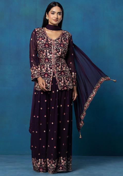 Purple Floral Zari Thread Embroidered Short Kurta Set With Skirt And Dupatta