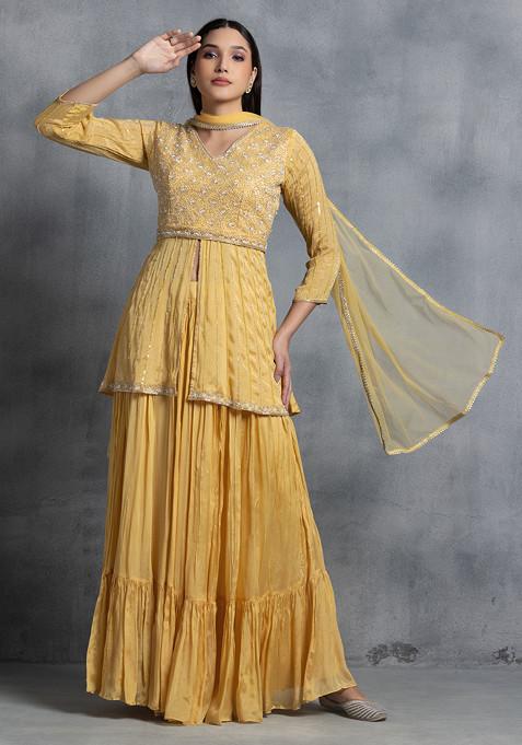 Yellow Sequin Embellished Kurta And Skirt Set With Dupatta And Belt