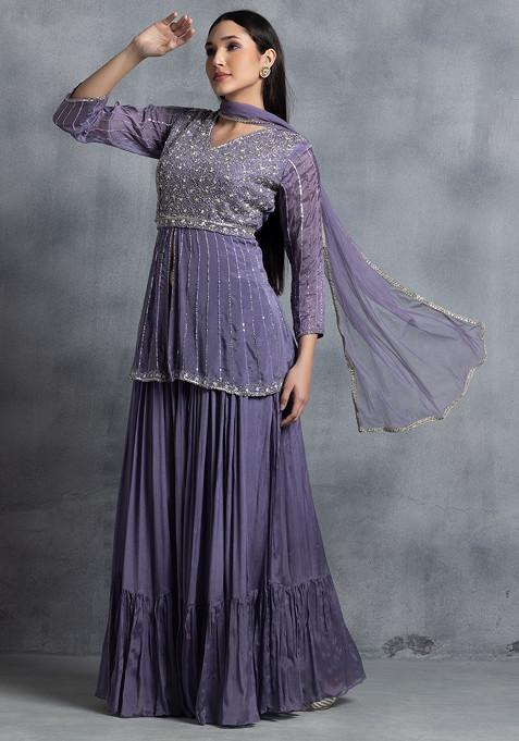 Lilac Sequin Embellished Kurta And Skirt Set With Dupatta And Belt