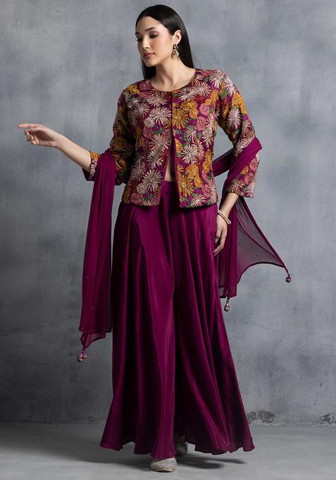 Purple Sharara Set With Floral Print Embellished Short Kurta And Dupatta