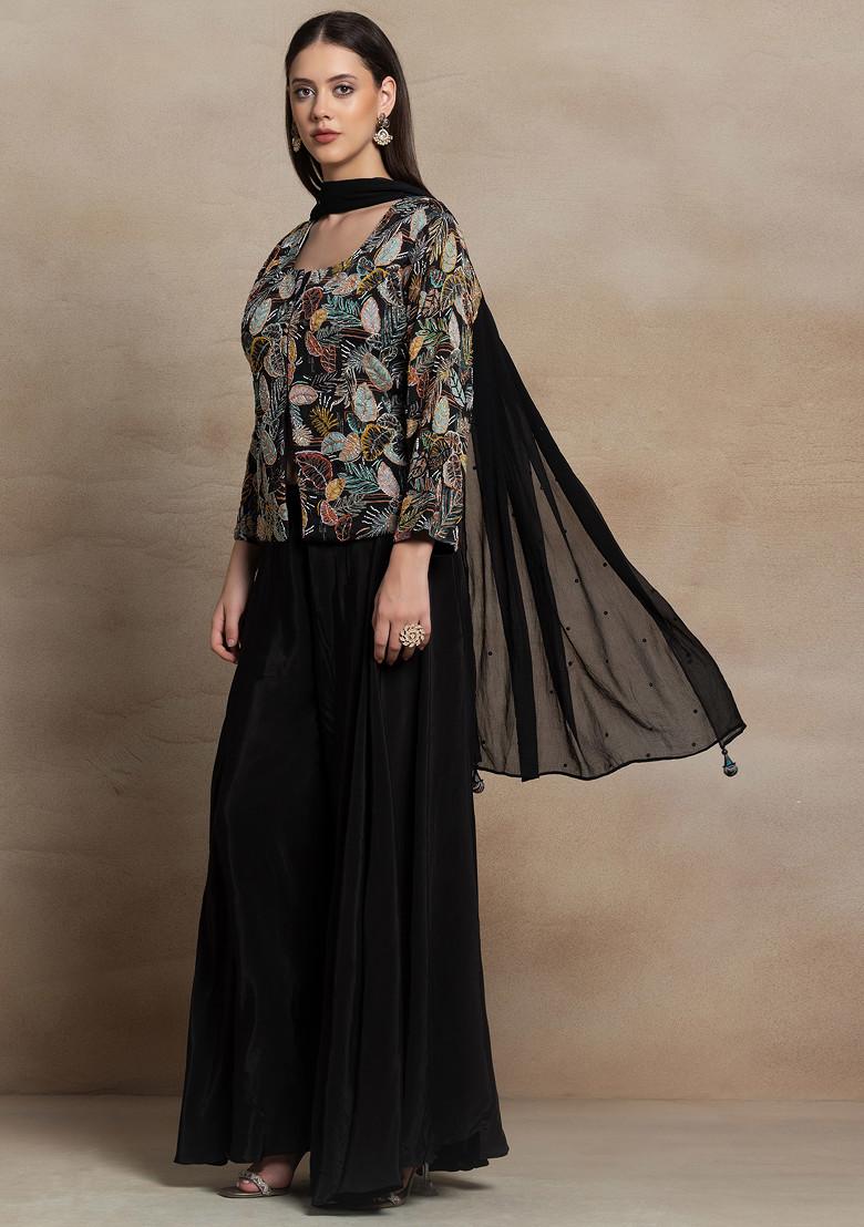 バック　クールカレアン Buy Women Black Floral Hand Embellished Short Kurta Set With