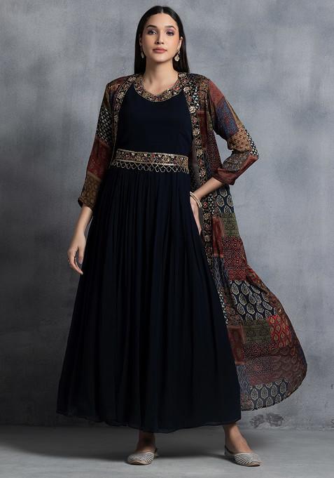 Navy Blue Hand Embroidered Anarkali Kurta With Printed Jacket And Belt