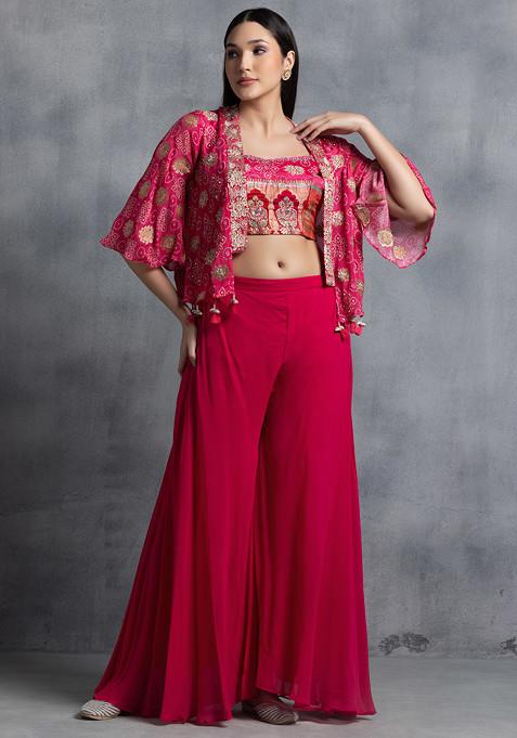 Pink Sharara Set With Hand Embellished Printed Blouse And Jacket