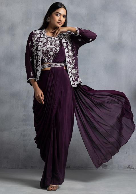 Purple Pre-Stitched Saree And Bead Embellished Blouse Set With Jacket And Belt