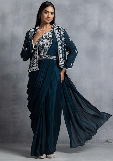 Teal Blue Pre-Stitched Saree And Bead Embellished Blouse Set With Jacket And Belt