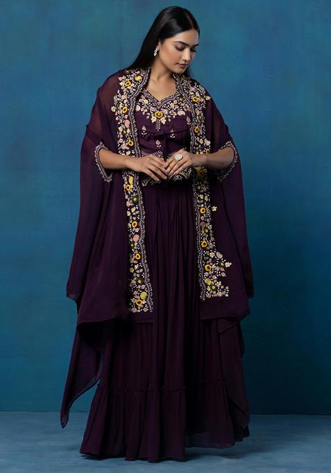 Purple Floral Thread Embroidered Jacket Set With Embellished Blouse And Skirt