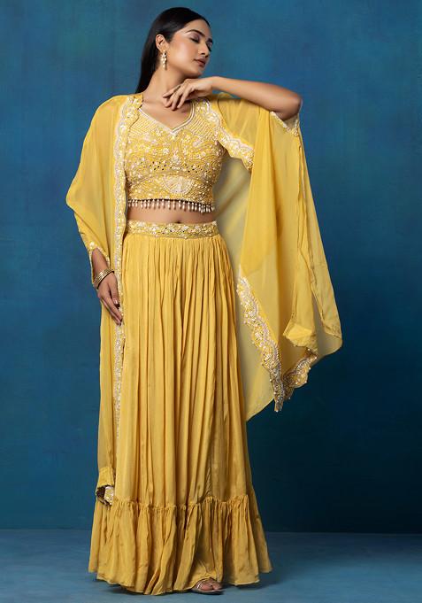 Yellow Embellished Jacket Set With Mirror Pearl Embellished Blouse And Skirt