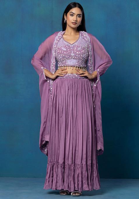 Purple Embellished Jacket Set With Mirror Pearl Embellished Blouse And Skirt