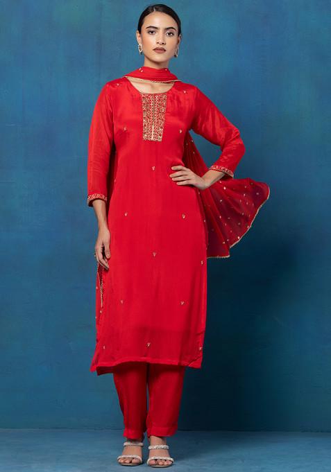 Red Bead Cutdana Embellished Kurta Set With Pants And Embellished Dupatta