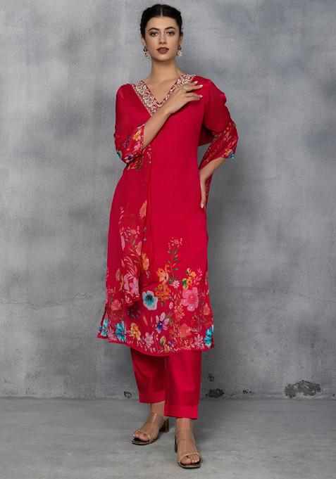 Red Floral Zari Embroidered Kurta Set With Pants And Floral Print Dupatta