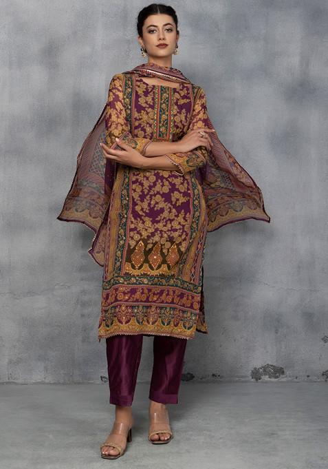 Purple Floral Print Mukaish Work Organza Kurta Set With Pants And Dupatta