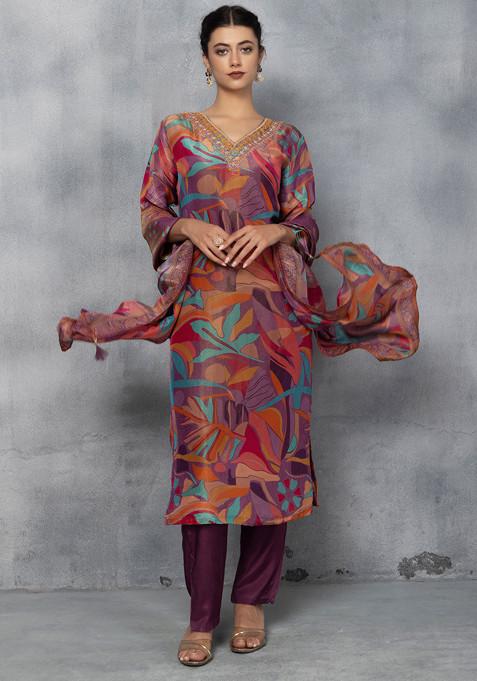 Purple Abstract Floral Print Embellished Kurta Set With Pants And Dupatta