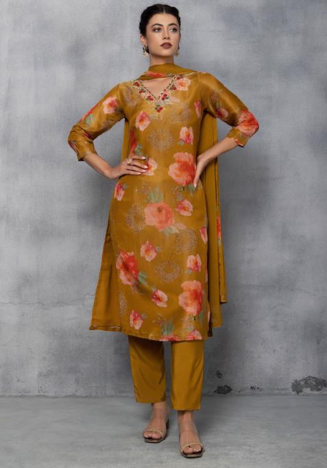 Mustard Yellow Floral Print Sequin Embellished Kurta Set With Pants And Dupatta