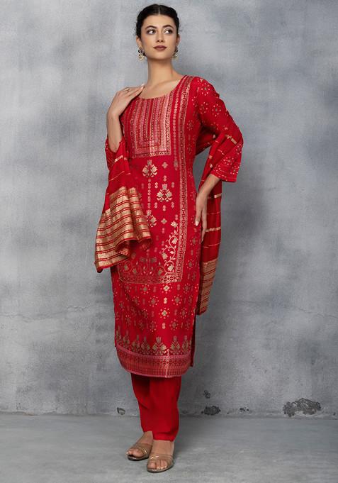 Red Floral Mirror Embellished Kurta Set With Pants And Brocade Dupatta