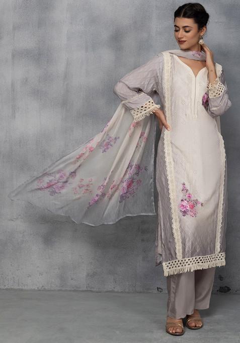 Beige Floral Embroidered Kurta Set With Pants And Printed Dupatta