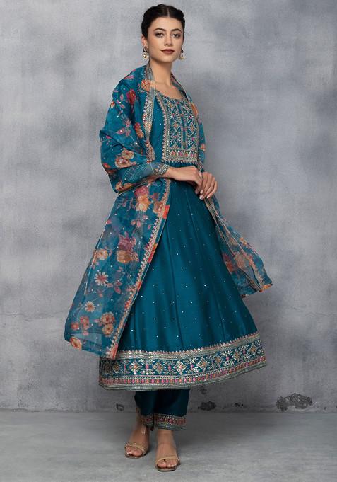 Teal Green Floral Zari Mirror Embellished Anarkali Kurta Set With Pants And Printed Dupatta