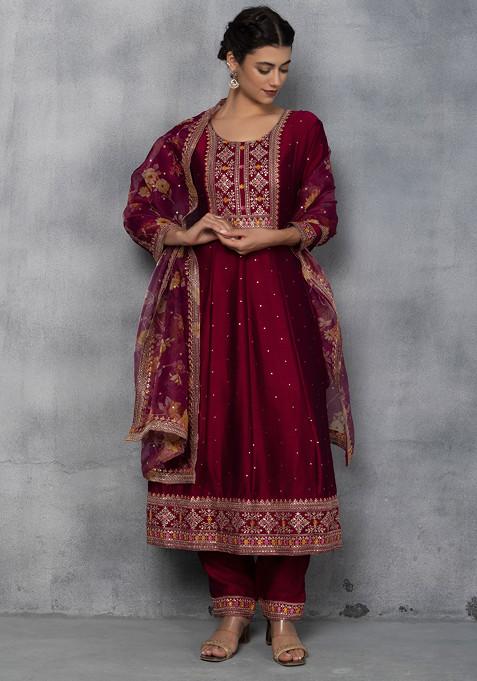 Maroon Floral Zari Mirror Embellished Anarkali Kurta Set With Pants And Printed Dupatta