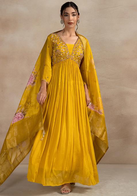 Yellow Floral Sequin Cutdana Embellished Anarkali Set With Pants And Printed Dupatta