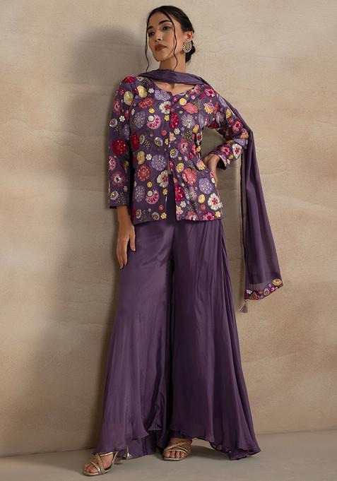 Purple Sharara Set With Floral Zari Sequin Embroidered Short Kurta And Dupatta