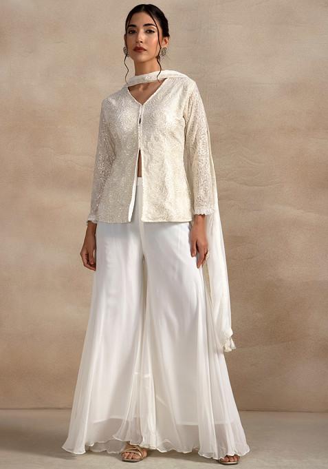 White Sharara Set With Cutdana Sequin Embellished Short Kurta And Dupatta