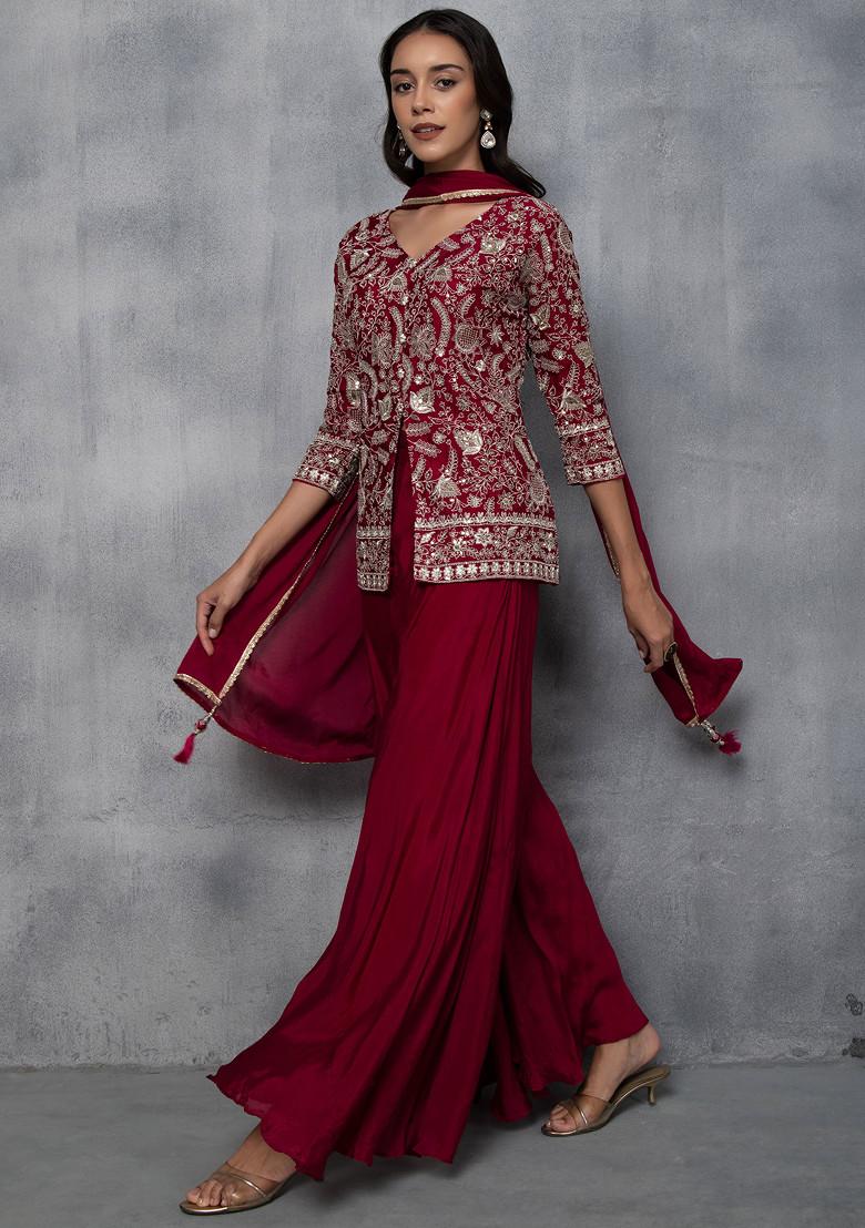 Pink Sharara Set With Zari Sequin Embroidered Short Kurta And Dupatta