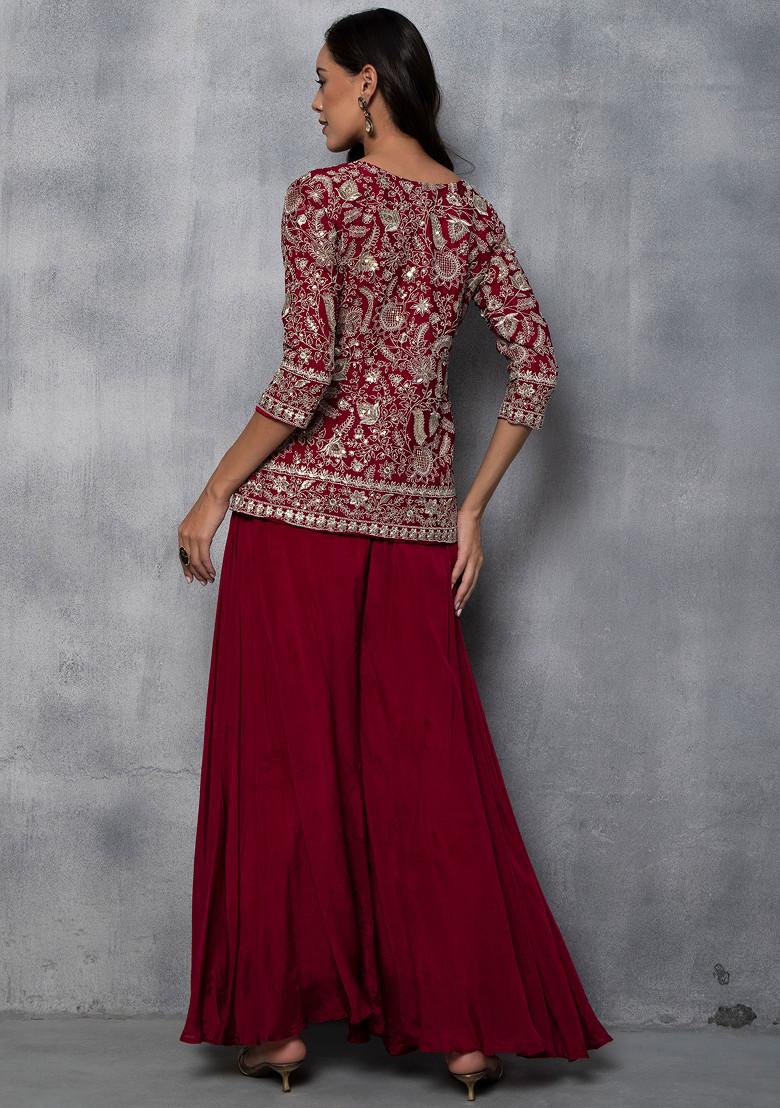 Pink Sharara Set With Zari Sequin Embroidered Short Kurta And Dupatta