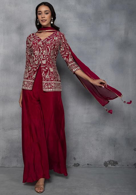 Pink Sharara Set With Zari Sequin Embroidered Short Kurta And Dupatta