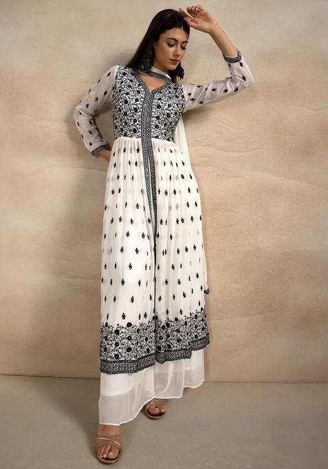 White Floral Embroidered Kurta Set With Palazzo And Dupatta