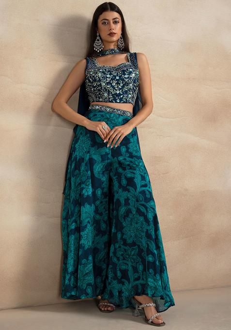 Blue And Green Floral Print Sharara Set With Mirror Embellished Blouse And Dupatta