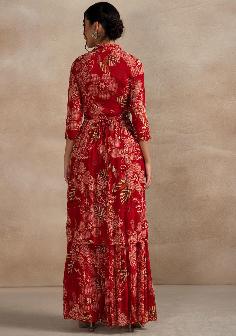 Red Floral Printed kurta and Floral Print sharara and Solid Dupatta