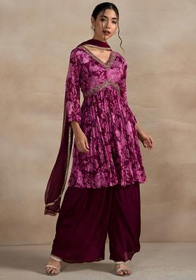 Maroon Sharara Set With Floral Print Cutdana Embellished kurta And Dupatta