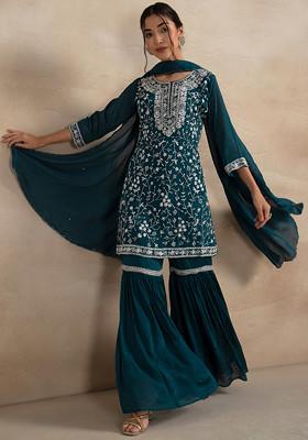 Teal Blue Sharara Set With Cutdana Bead Embellished Kurta And Dupatta