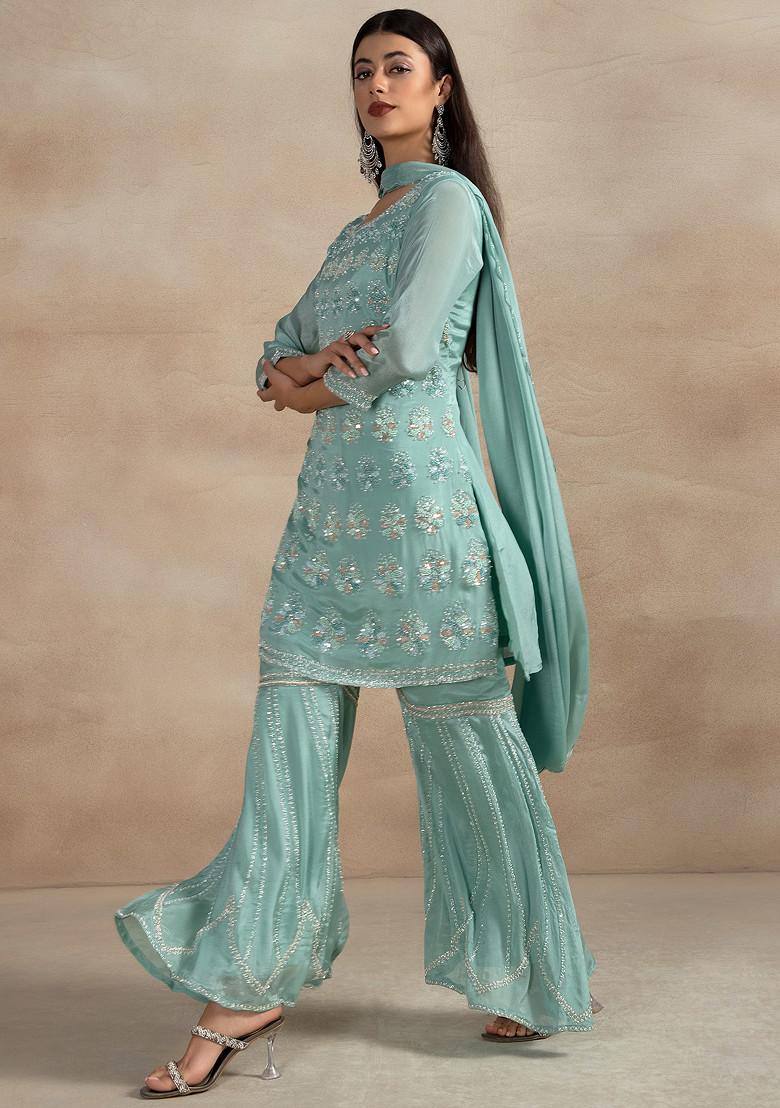 Turquoise Blue Embellished Sharara Set With Sequin Embellished Kurta And Dupatta