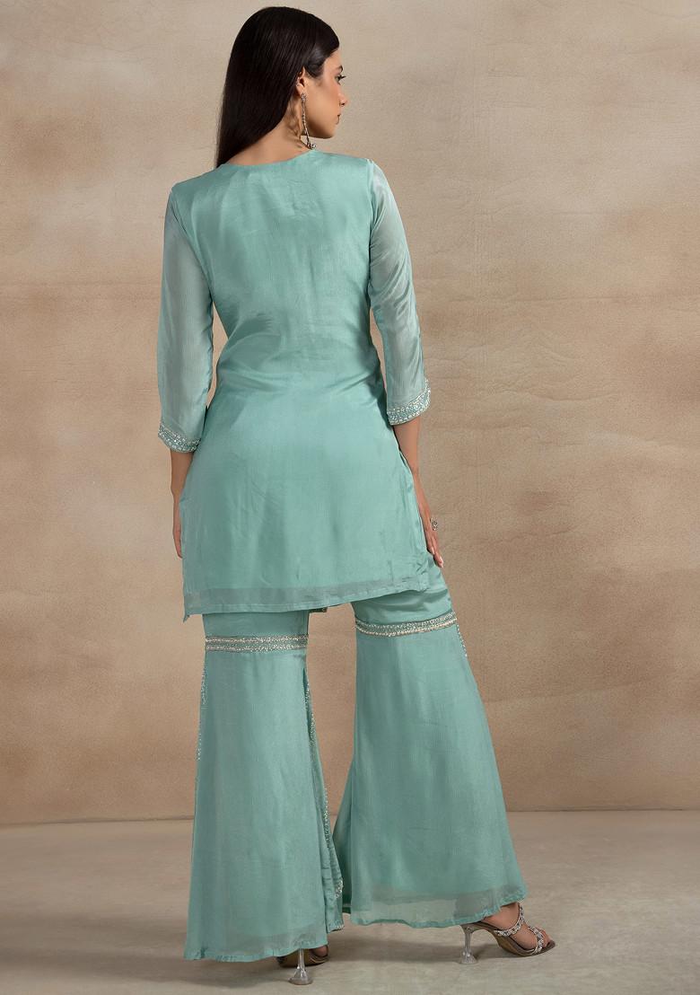 Turquoise Blue Embellished Sharara Set With Sequin Embellished Kurta And Dupatta