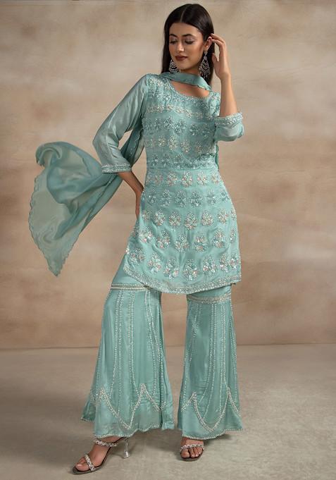 Turquoise Blue Embellished Sharara Set With Sequin Embellished Kurta And Dupatta