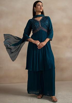 Dark Green Sharara Set With Bead Cutdana Embellished Kurta And Dupatta