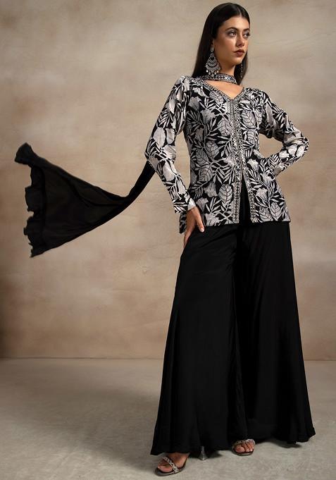 Black Mirror Work Floral Print Sharara Set With Sequin Embellished Kurta And Dupatta