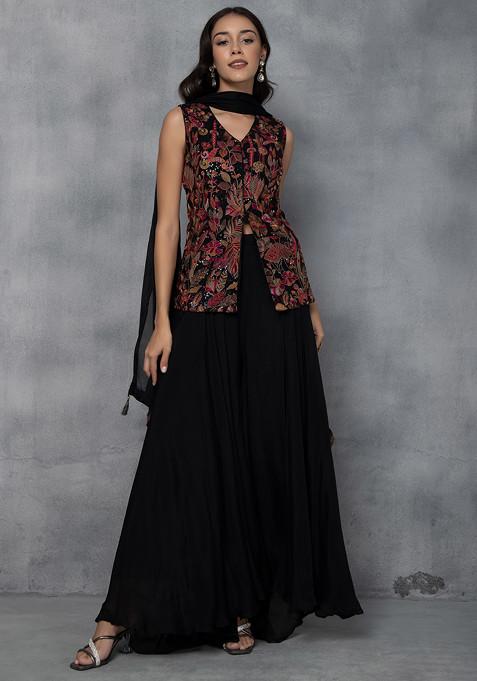 Black Floral Embroidered Sharara Set With Sequin Embellished Short Kurta And Dupatta